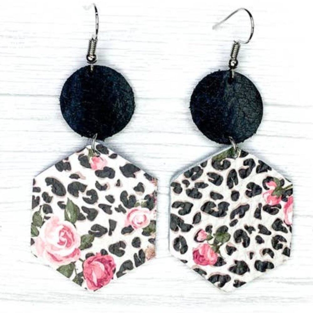 Black Leopard & Pink Rose Hexagon Leather Earrings
